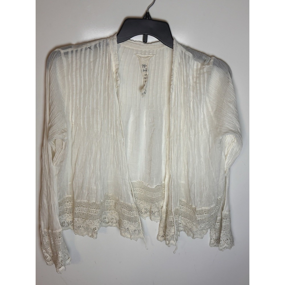 Free People One Ivory Lace Cardigan Open Front Floral Sheer Boho Size Medium